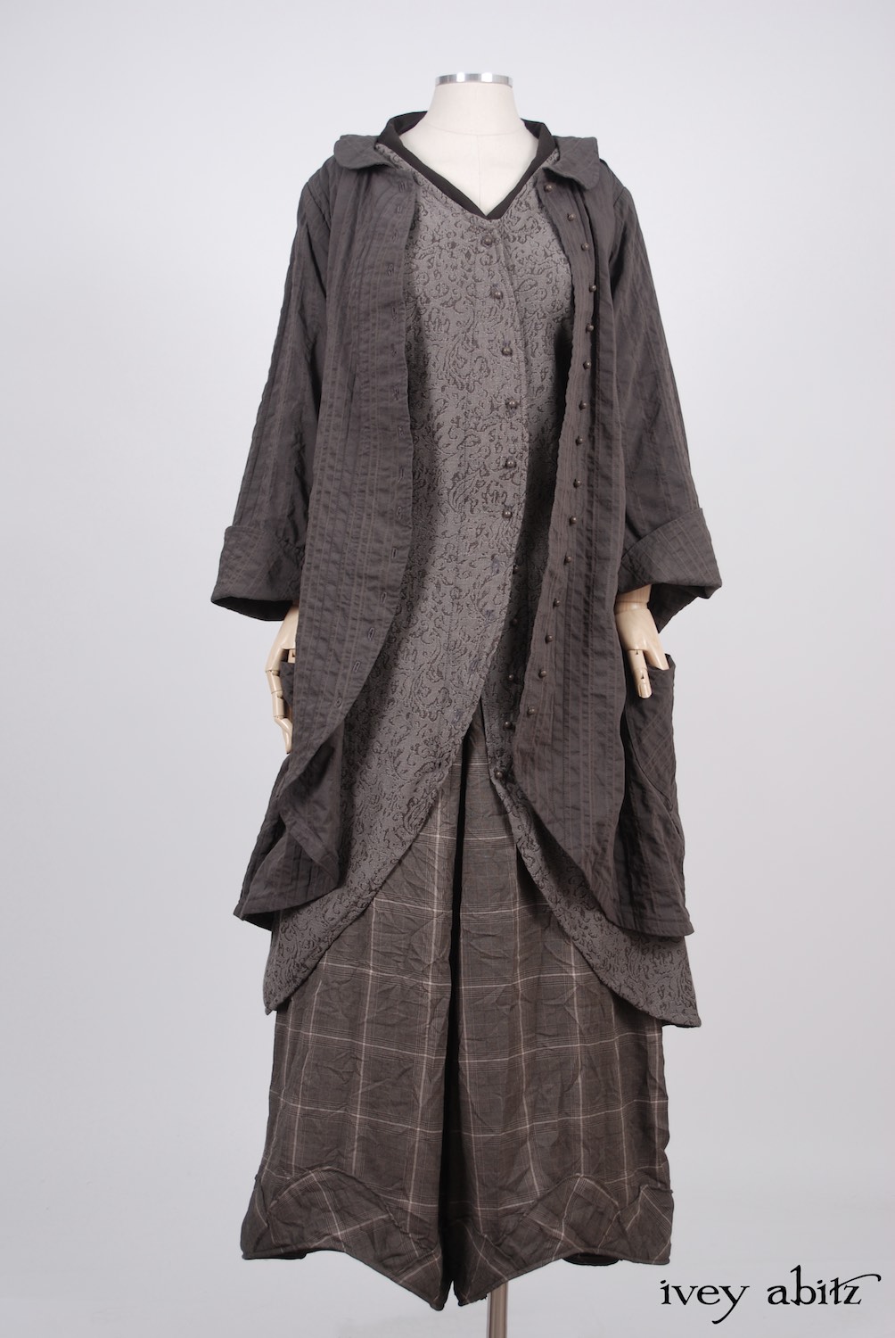 Ivey Abitz - Arthur Hill Jacket in Feather Textured Striped Cotton  - Arthur Hill Frock in Feather Vine Weave  - Clotaire Sash in Feather Brown Crepe Voile  - Grasmere Trousers in Feather Brown Crushed Plaid Weave, Low Water Length