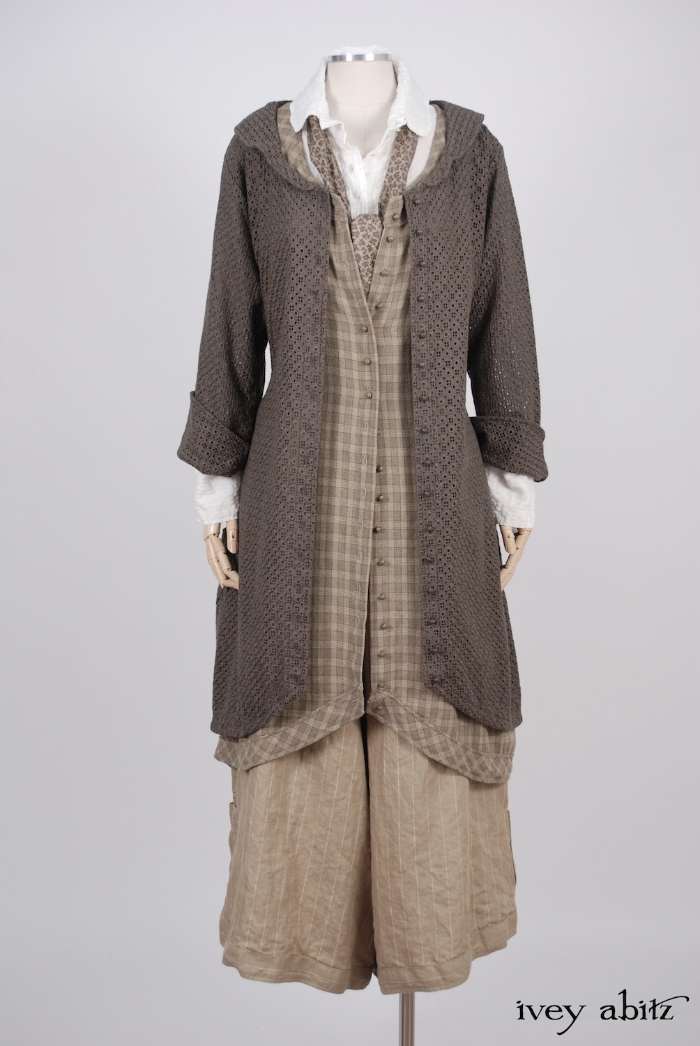 Ivey Abitz - Truitt Duster Coat in Flaxseed Embroidered Eyelet - Truitt Shirt in Dove Striped Voile  - Holkham Hall Necktie in Flaxseed Leafy Silk Linen  - Truitt Frock in Flaxseed Plaid Weave  - Montague Trousers in Sandy Pinstriped Linen, High Water Length