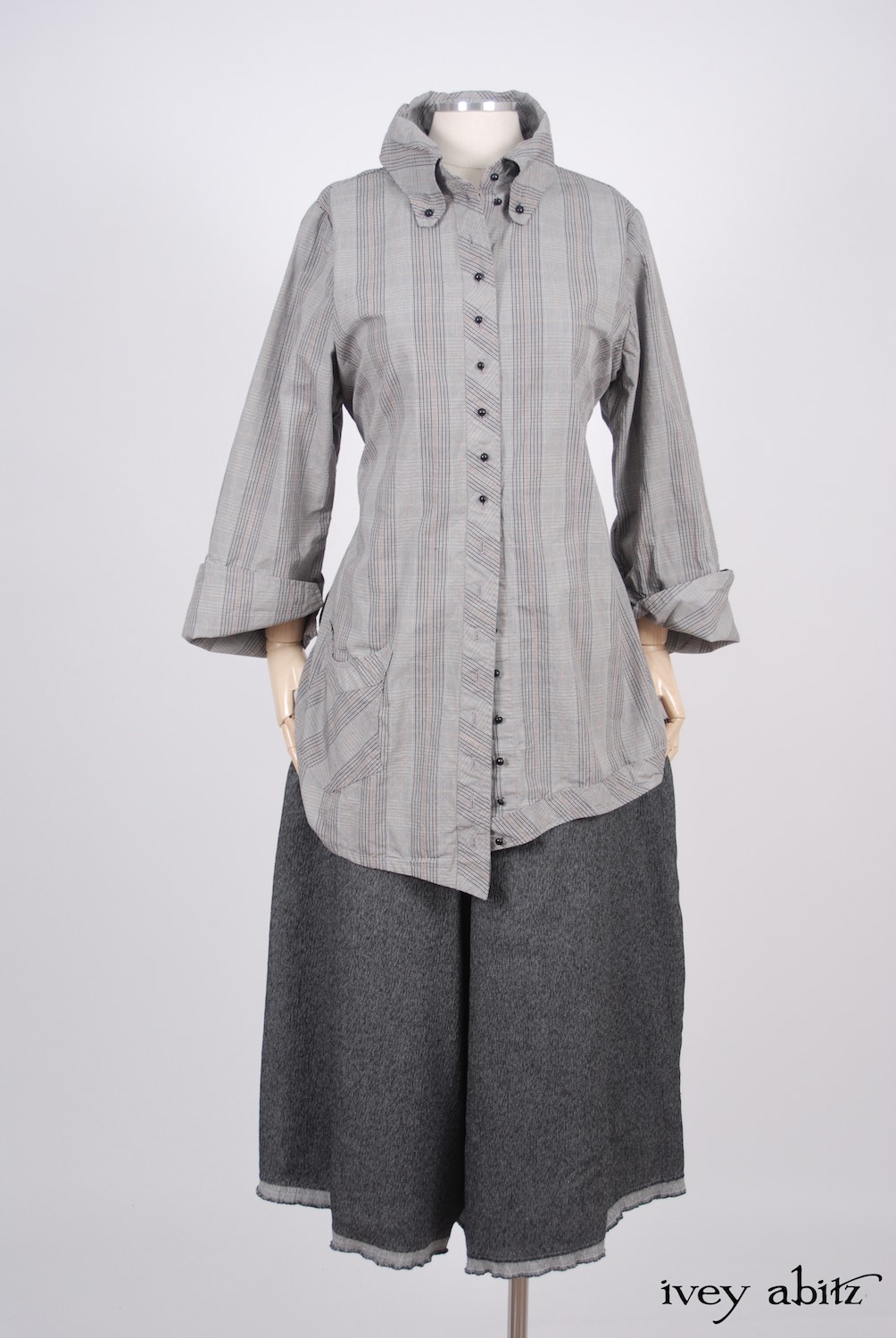 Ivey Abitz - Highlands Shirt in Sparrow Grey Plaid Poplin  - Traipse Trousers in Blackbird Double Layered Weave