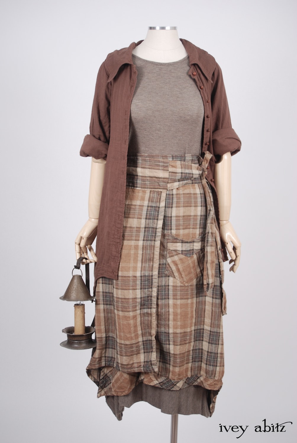 Ivey Abitz - Chittister Shirt Jacket in Blushed Double Layered Voile  - Coulson Frock in Flaxseed Featherlight Knit, High Water Length - Highlands Skirt in Eternal Spring Plaid Linen