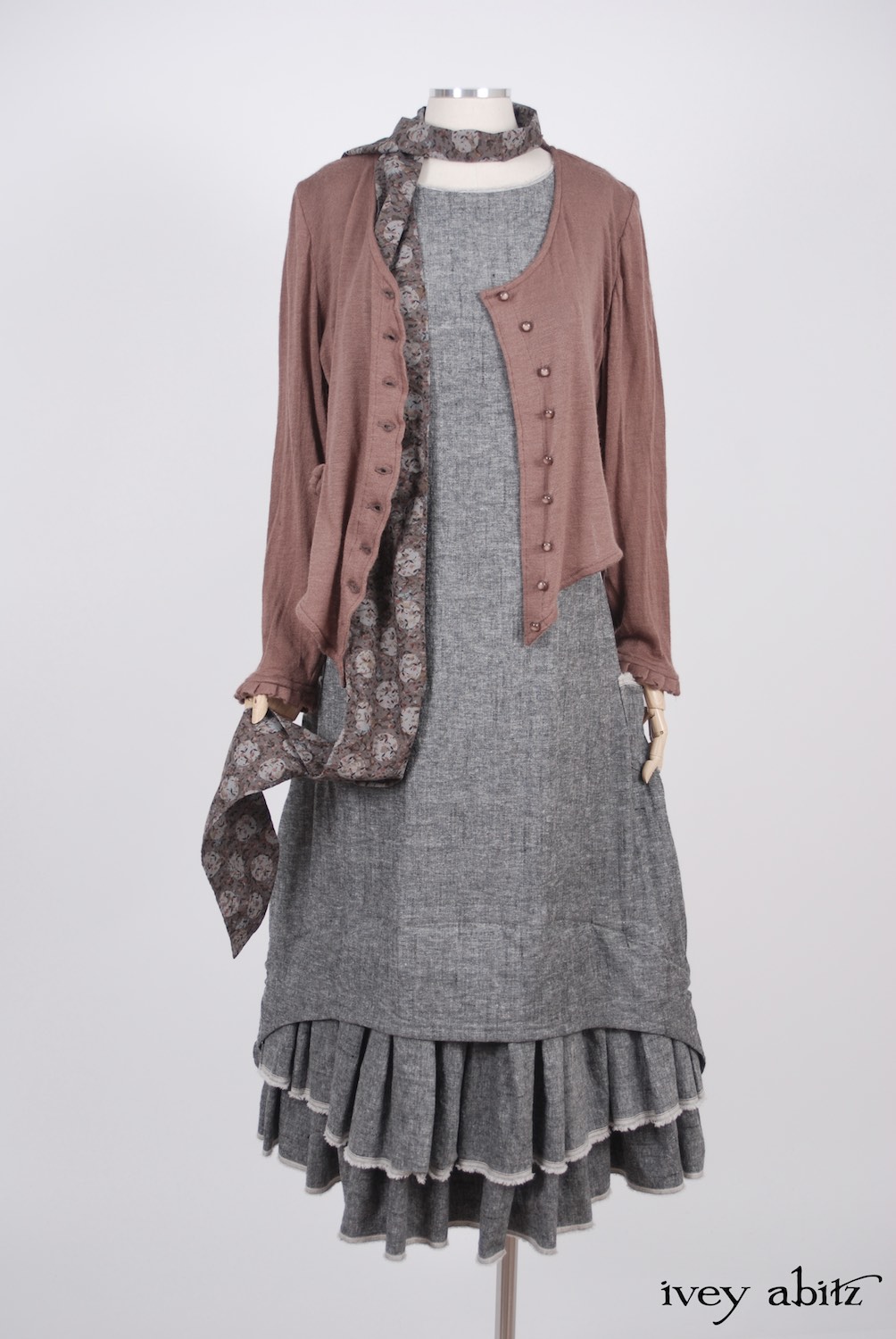 Ivey Abitz - Canterbury Cardigan in Blushed Cashmere Knit  - Blanchefleur Sash in Flock and Moon Cotton Voile  - Limited Edition Trelawny Frock in Blackbird/Dove Rustic Weave, High Water Length