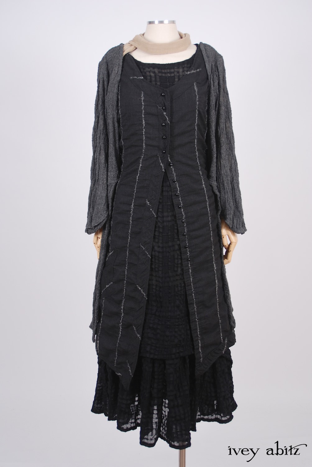 Ivey Abitz - Highbridge Duster Coat in Sparrow Grey Open Weave Knit  - Blanchefleur Sash in Blushed Plaid Voile - Highlands Frock in Blackbird Embroidered Striped Challis - Blanchefleur Frock in Blackbird Plaid Challis - Cilla Slip Frock in Dove Striped Voile, Flood Length