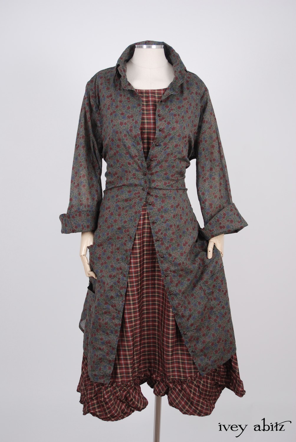 Ivey Abitz - Phinneus Coat Dress in Peony Meadow Cotton Voile  - Tilbrook Frock in Peony Washed Plaid Silk, High Water Length