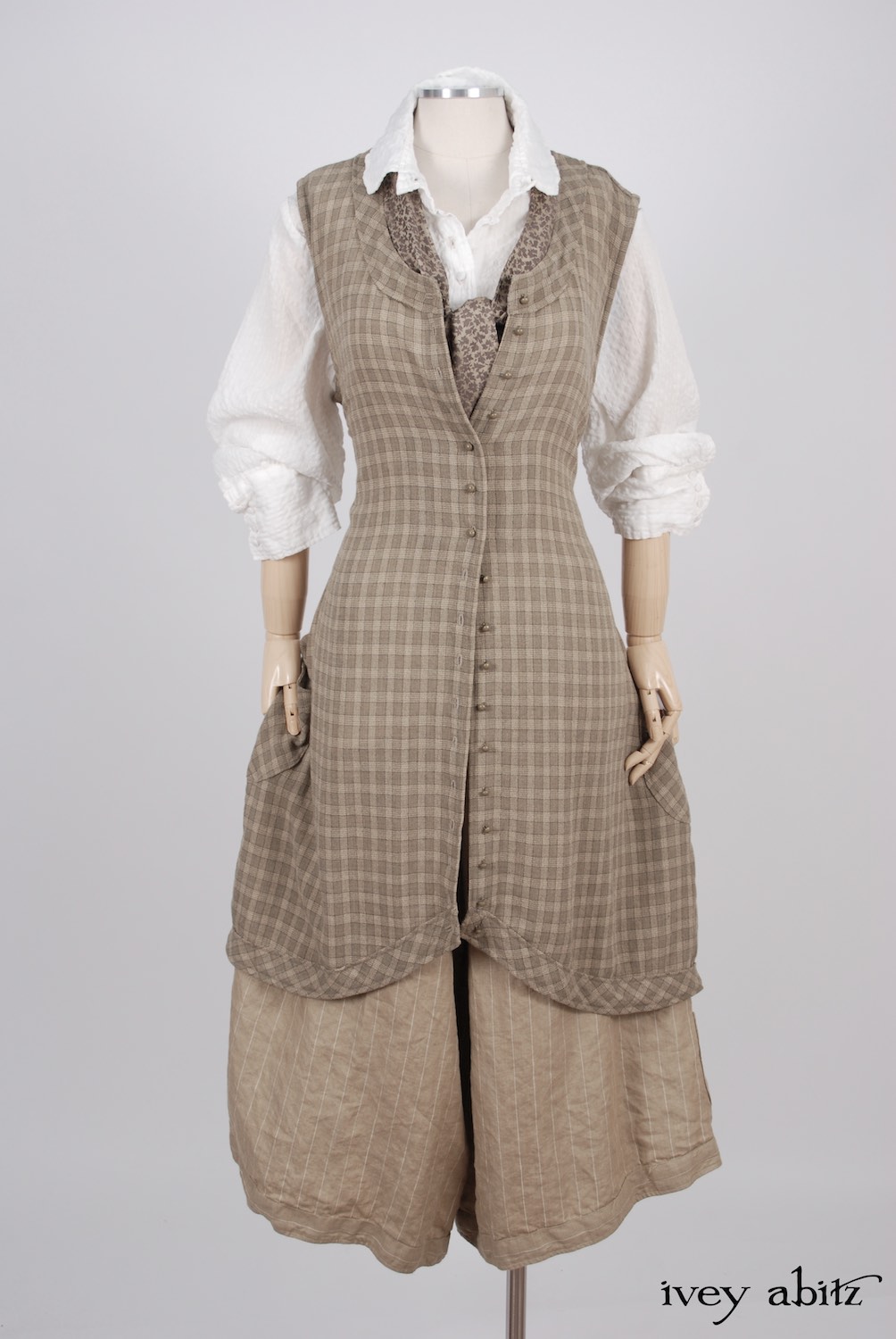 Ivey Abitz - Truitt Shirt in Dove Striped Voile  - Truitt Frock in Flaxseed Plaid Weave  - Holkham Hall Necktie in Flaxseed Leafy Silk Linen  - Montague Trousers in Sandy Pinstriped Linen, High Water Length