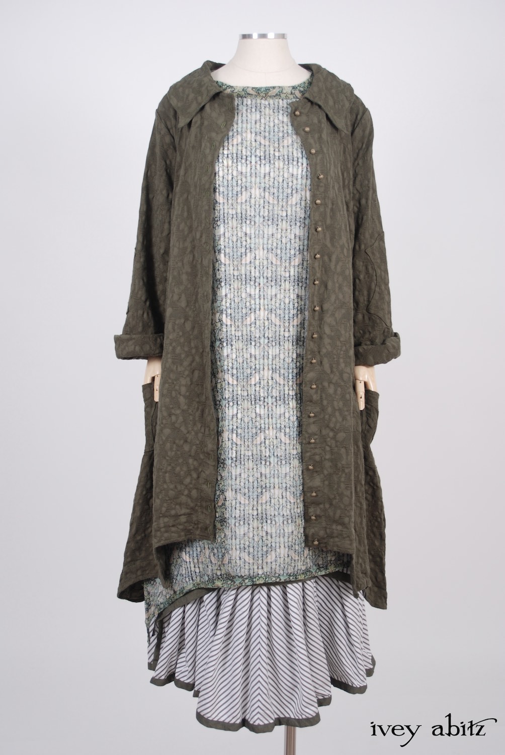 Ivey Abitz - Chittister Duster Coat in Morning Meadow Hemstitch Jacquard  - Wildefield Frock in Bird and Vine Silk Organza  - Limited Edition Striped Blanchefleur Frock in Morning Meadow Striped Cotton, High Water Length