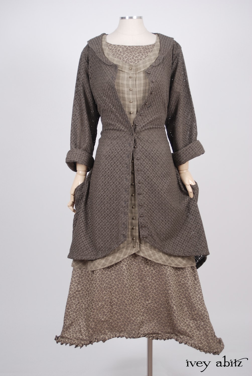Ivey Abitz - Truitt Duster Coat in Flaxseed Embroidered Eyelet - Truitt Frock in Flaxseed Plaid Weave  - Mathilda Frock in Flaxseed Leafy Silk Linen, Low Water Length