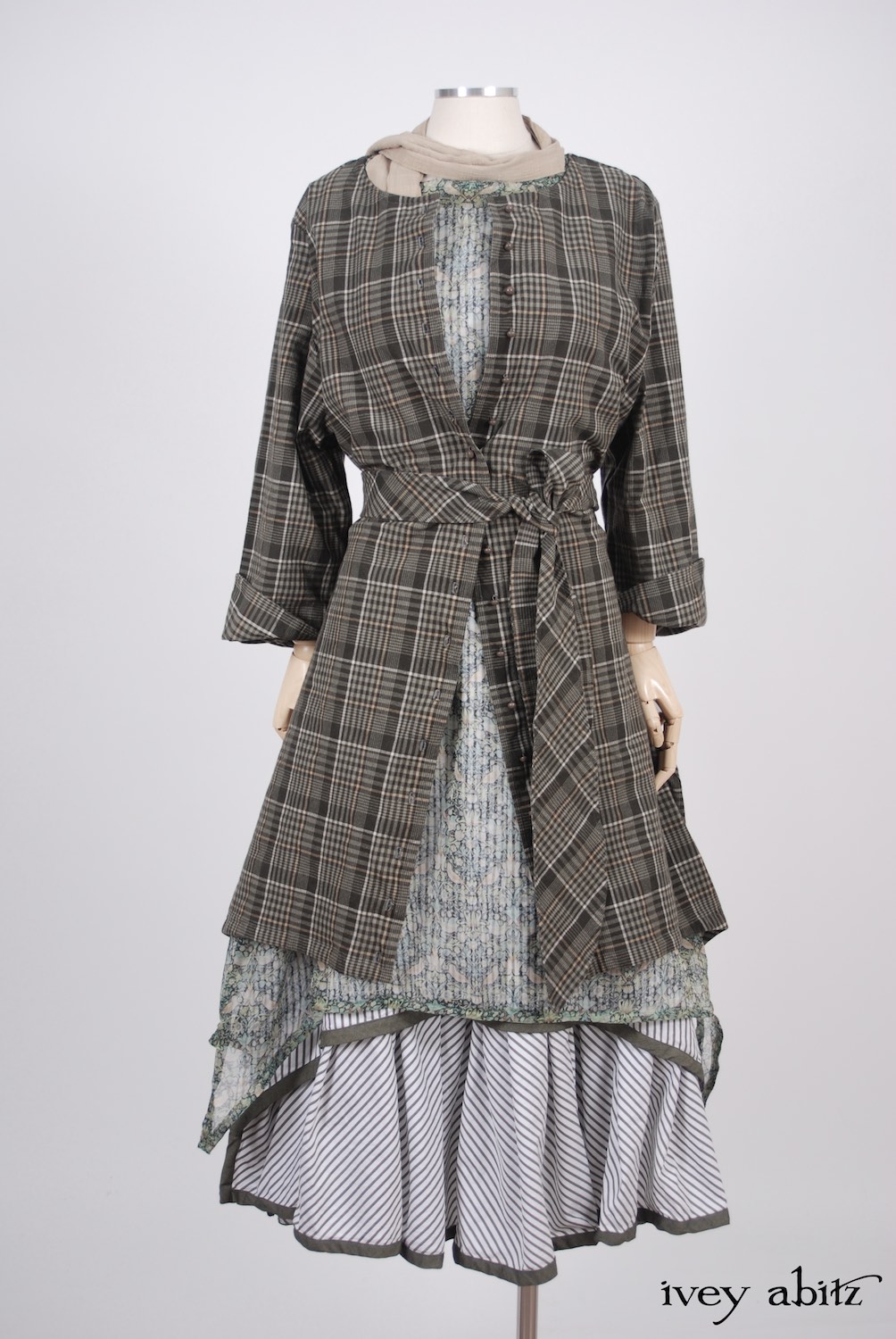 Ivey Abitz - Wildefield Duster Coat in Meadow Stretchy Plaid Cotton, High Water Length - Wildefield Frock in Bird and Vine Silk Organza  - Limited Edition Striped Blanchefleur Frock in Morning Meadow Striped Cotton, High Water Length  - Blanchefleur Sash in Blushed Plaid Voile