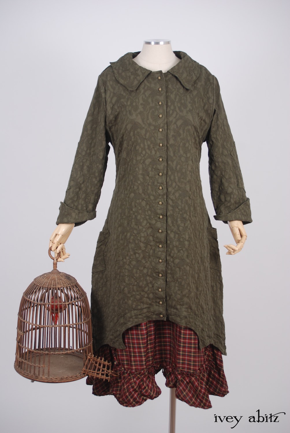 Ivey Abitz - Chittister Duster Coat in Morning Meadow Hemstitch Jacquard  - Tilbrook Frock in Peony Washed Plaid Silk, High Water Length