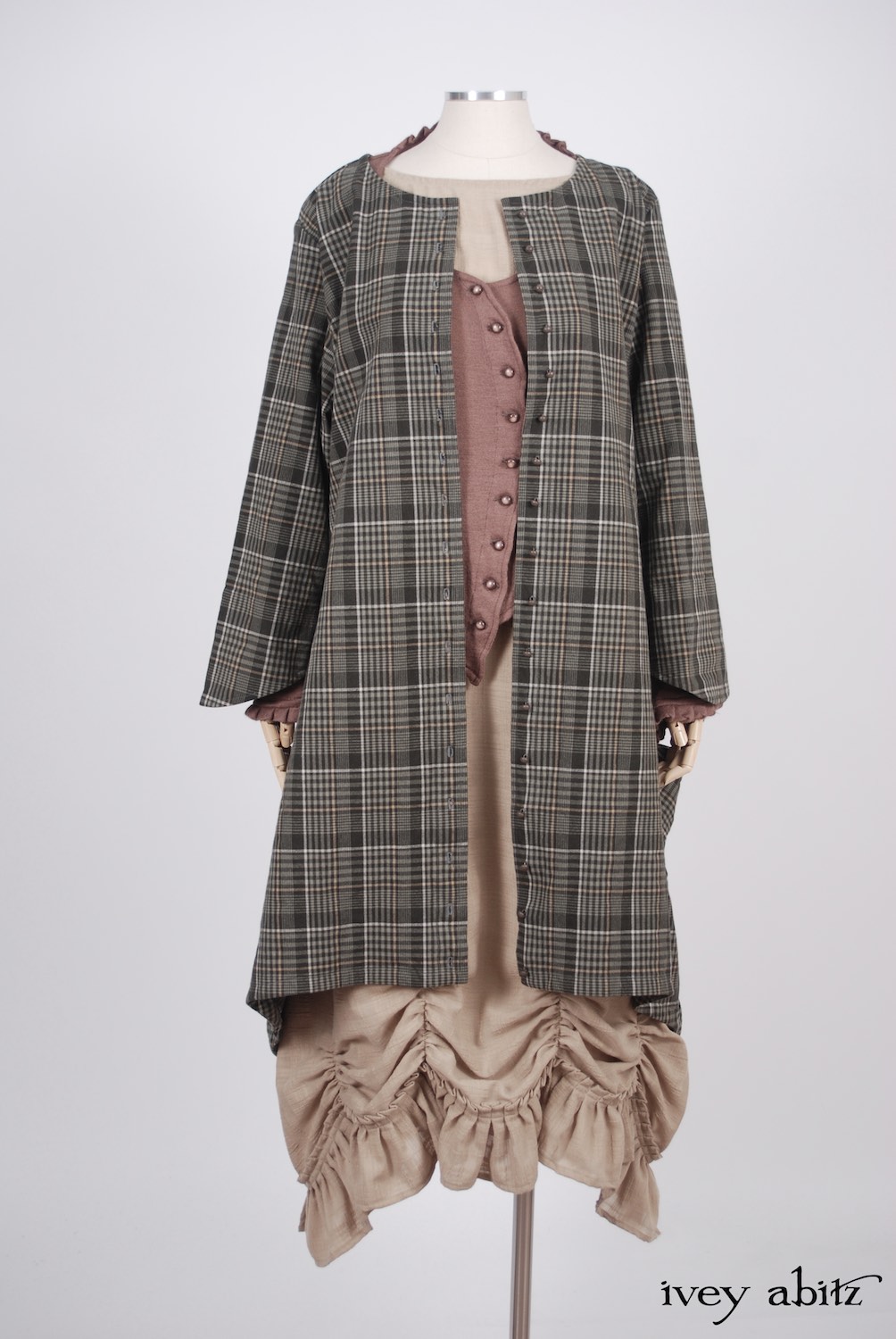 Ivey Abitz - Wildefield Duster Coat in Meadow Stretchy Plaid Cotton, High Water Length - Canterbury Cardigan in Blushed Cashmere Knit  - Edenshire Frock in Blushed Plaid Weave, High Water Length
