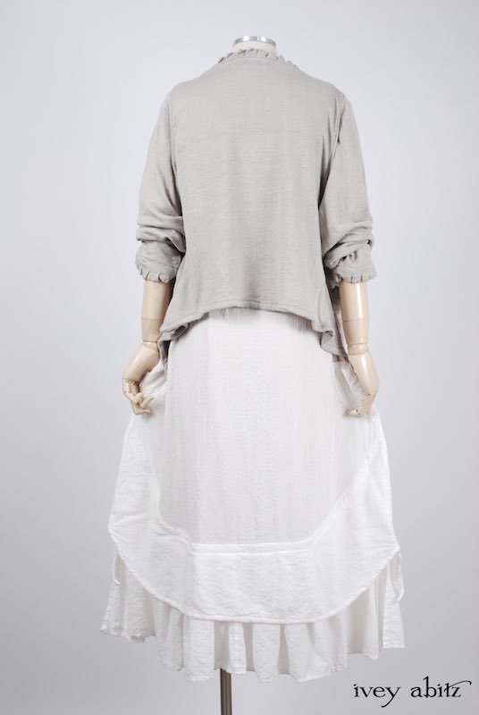 Midsummer Look 39 - Blanchefleur Dress in Dove Striped Voile; Cilla Slip Frock in Signature Cream Washed Silk; Blanchefleur Sash in Shoreline Gingham Crushed Weave; Canterbury Cardigan in Signature Natural Linen Knit by Ivey Abitz