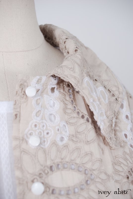 Midsummer Look 4 - Blanchefleur Frock in White Embroidered Striped Voile; Chittister Shirt Jacket in Tea Stained Embroidered Eyelet Voile by Ivey Abitz