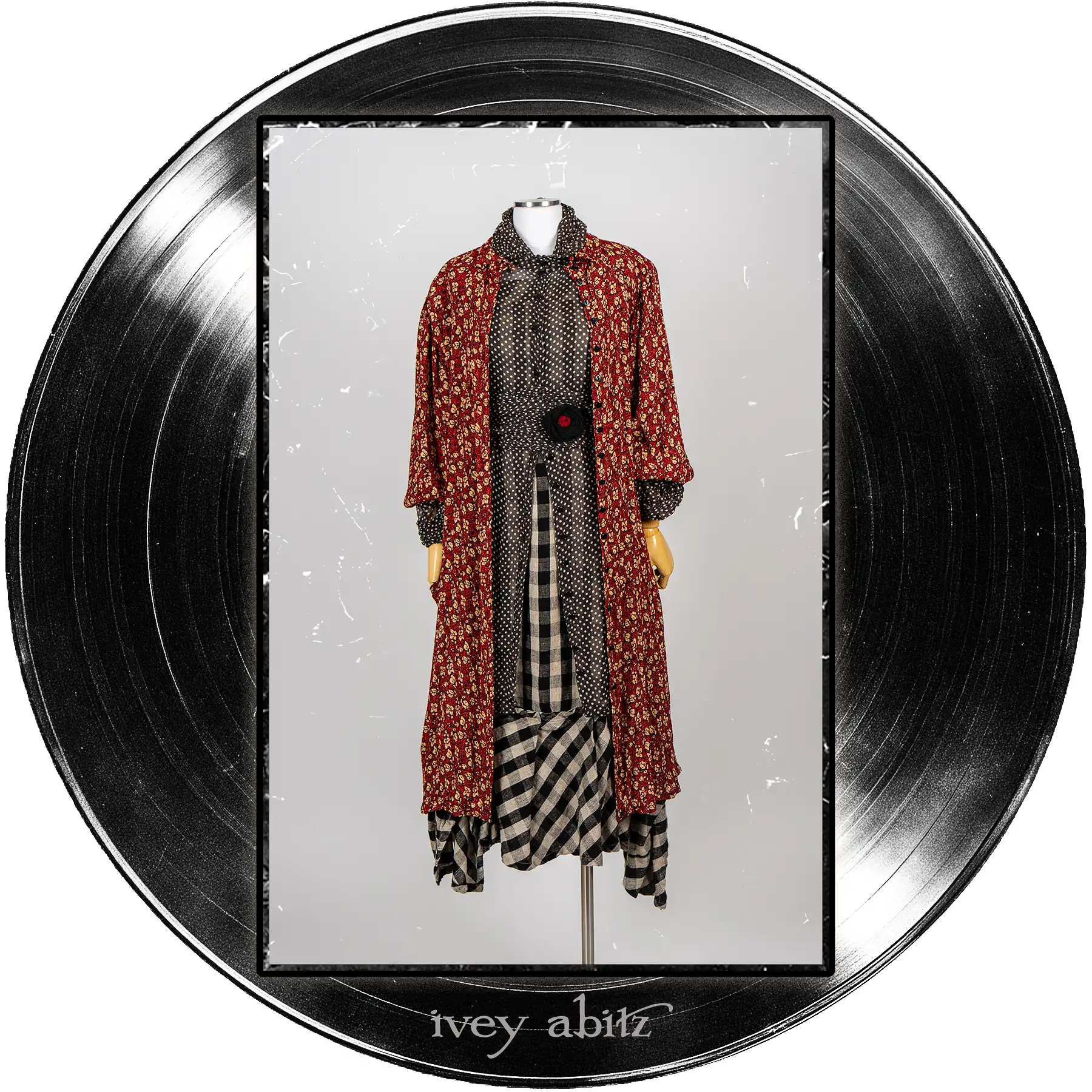 Coulson Coat Dress in Center Label Floral Silk Chiffon; Nan Shirt Jacket in Microphone Dotted Silk Chiffon; Morris Frock in Quarter Note and Half Note Plaid Weave; Tollie Sash in Microphone Dotted Silk Chiffon; Record Brooch.