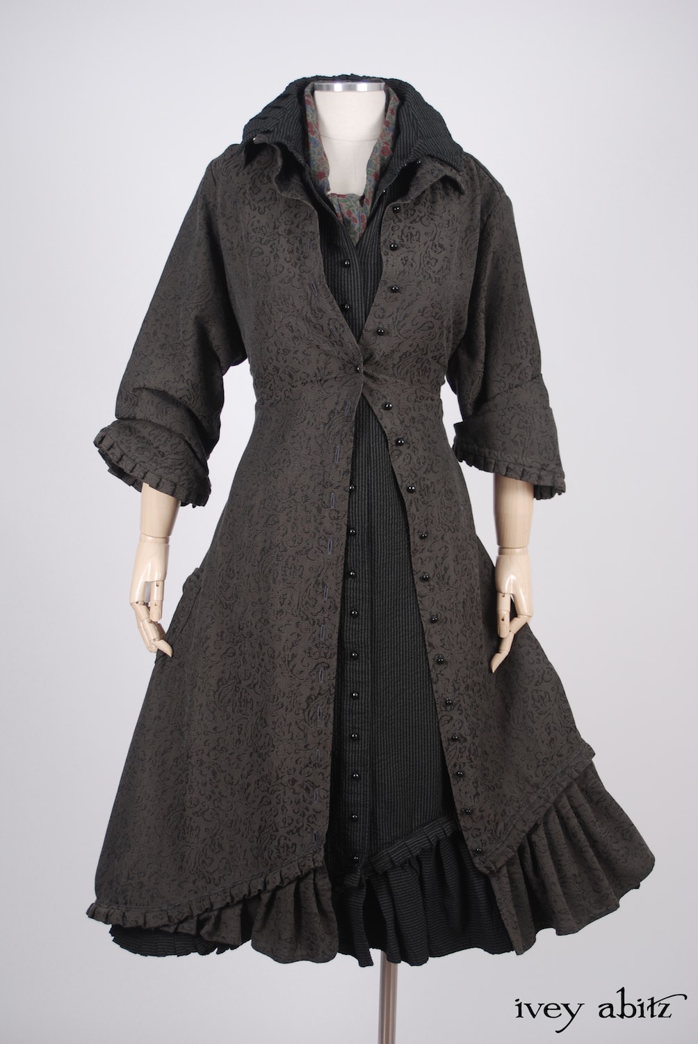Ivey Abitz - Wilhemena Duster Coat in Moonlit Meadow Vine Weave  - Wilhemena Frock in Moonlit Meadow Puckered Striped Cotton  - Clotaire Sash in Peony Meadow Cotton Voile