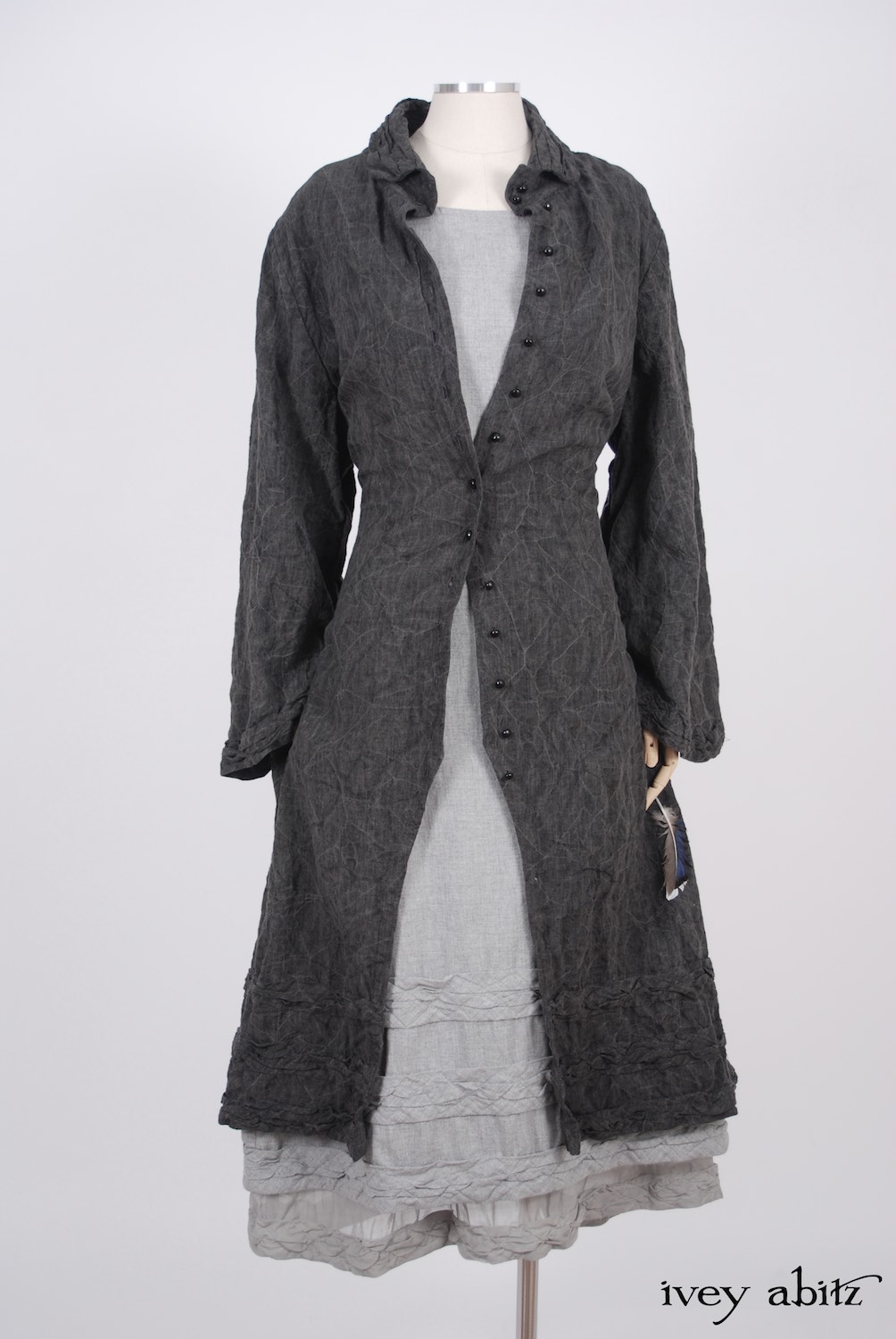 Ivey Abitz - Bartholomew Duster Coat in Sparrow Grey Antiqued Linen  - Tollie Frock in Sparrow Grey Softest Cotton Twill, High Water Length  - Tollie Frock in Sparrow Grey Wispy Silk Voile, Low Water Length