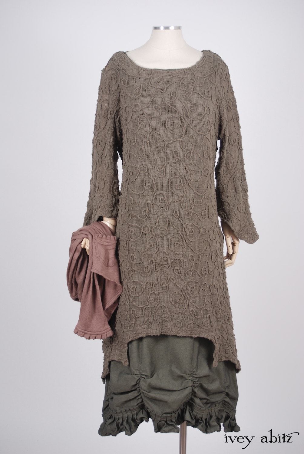 Ivey Abitz - Canterbury Cardigan in Blushed Cashmere Knit  - Chittister Dress in Meadow Embroidered Swirl Gauze  - Edenshire Frock in Morning Meadow Yarn Dyed Cotton, Low Water Length