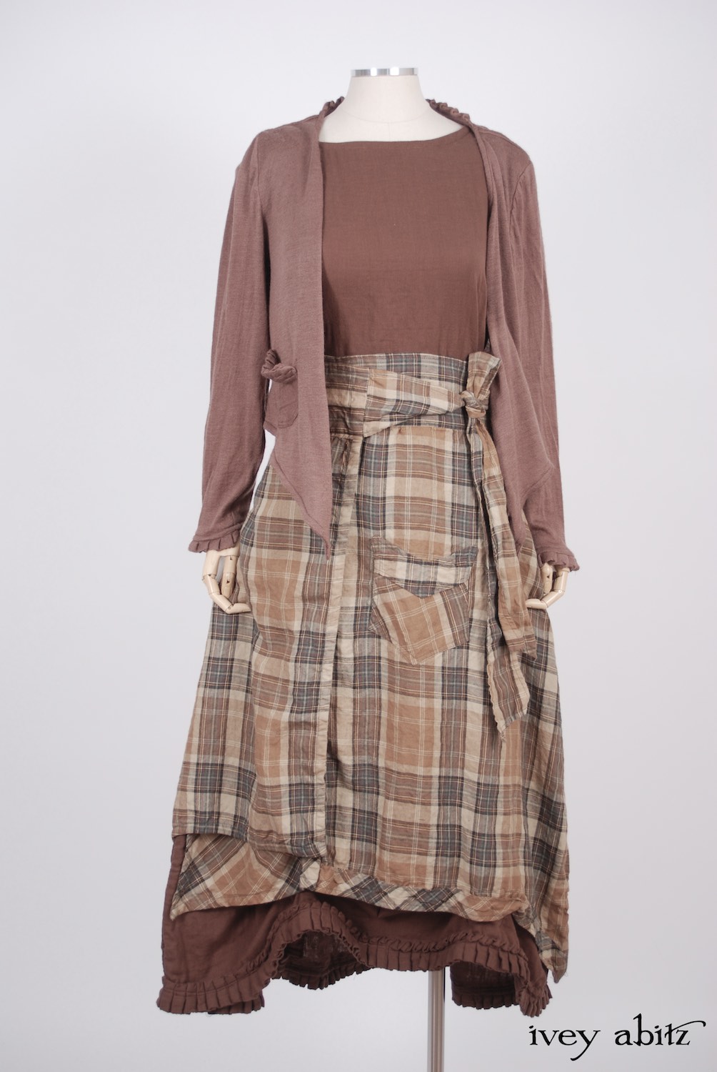 Ivey Abitz - Canterbury Cardigan in Blushed Cashmere Knit  - Highlands Skirt in Eternal Spring Plaid Linen  - Montmorency Frock in Blushed Double Layered Voile, Low Water Length