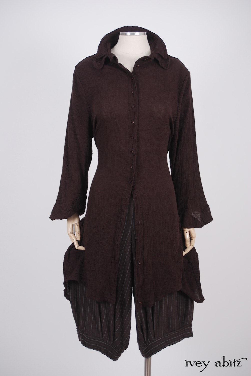 Ivey Abitz - Inglenook Shirt Jacket in Plumseed Crinkled Cotton Gauze  - Coulson Trousers in Plumseed Silky Striped Knit, High Water Length