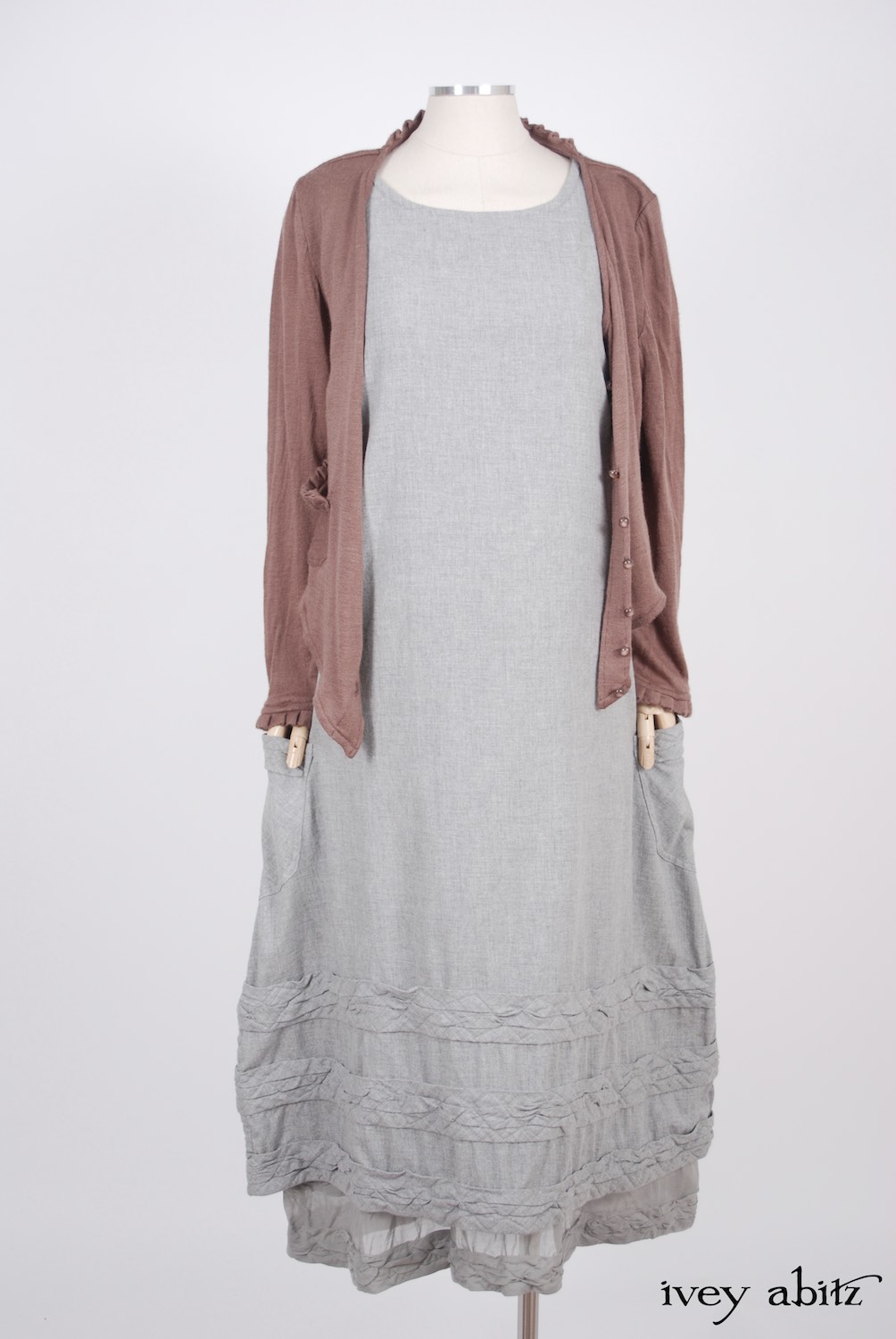 Ivey Abitz - Canterbury Cardigan in Blushed Cashmere Knit  - Tollie Frock in Sparrow Grey Softest Cotton Twill, High Water Length  - Tollie Frock in Sparrow Grey Wispy Silk Voile, Low Water Length