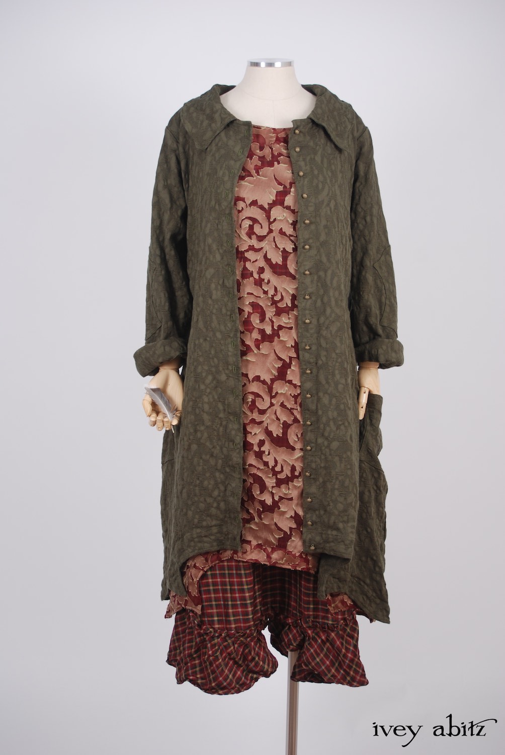 Ivey Abitz - Chittister Duster Coat in Morning Meadow Hemstitch Jacquard  - Chittister Frock in Peony Silk Organza  - Tilbrook Frock in Peony Washed Plaid Silk, High Water Length