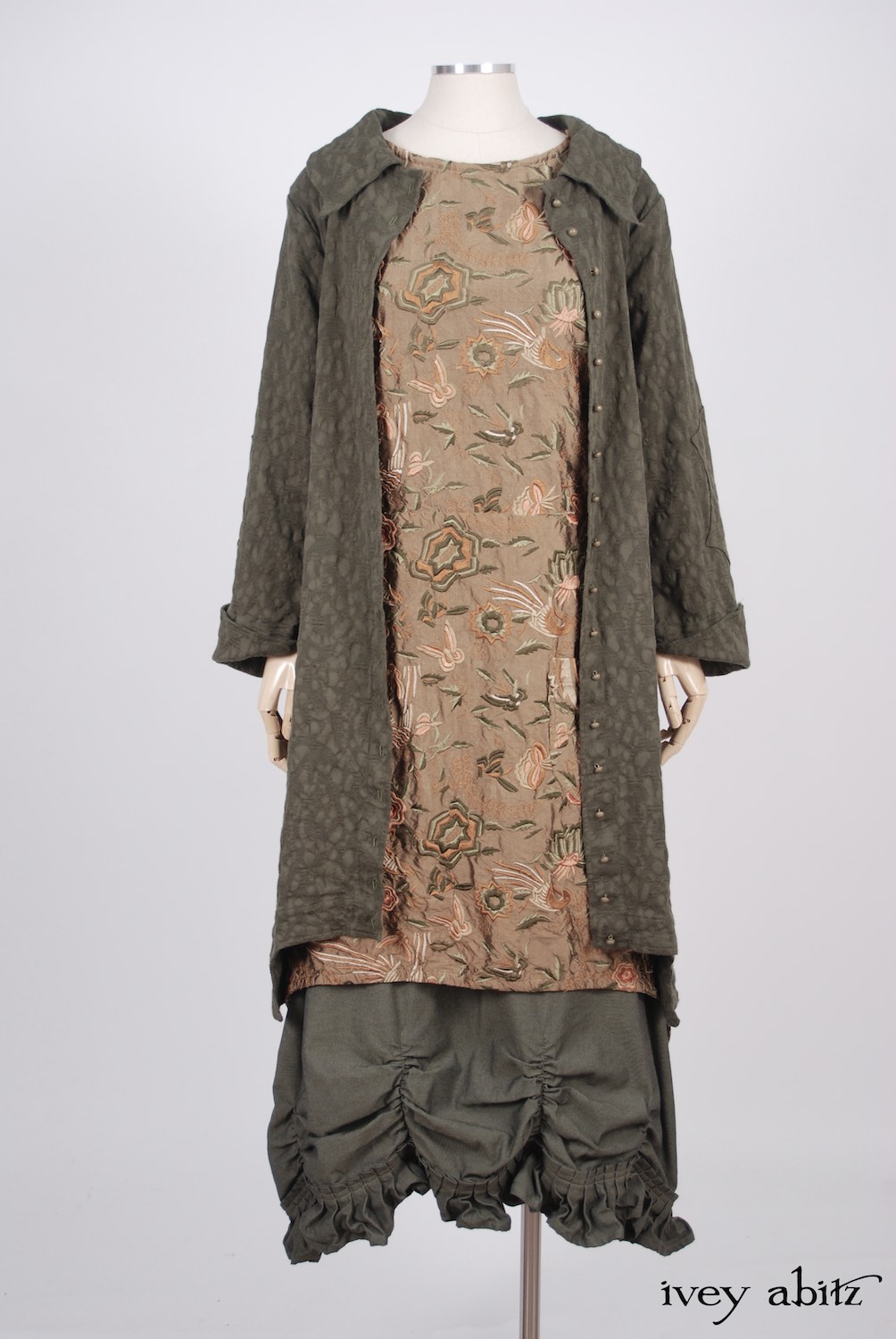Ivey Abitz - Chittister Duster Coat in Morning Meadow Hemstitch Jacquard  - Dennison Frock in Birdsong Embroidered Silk  - Edenshire Frock in Morning Meadow Yarn Dyed Cotton, Low Water Length