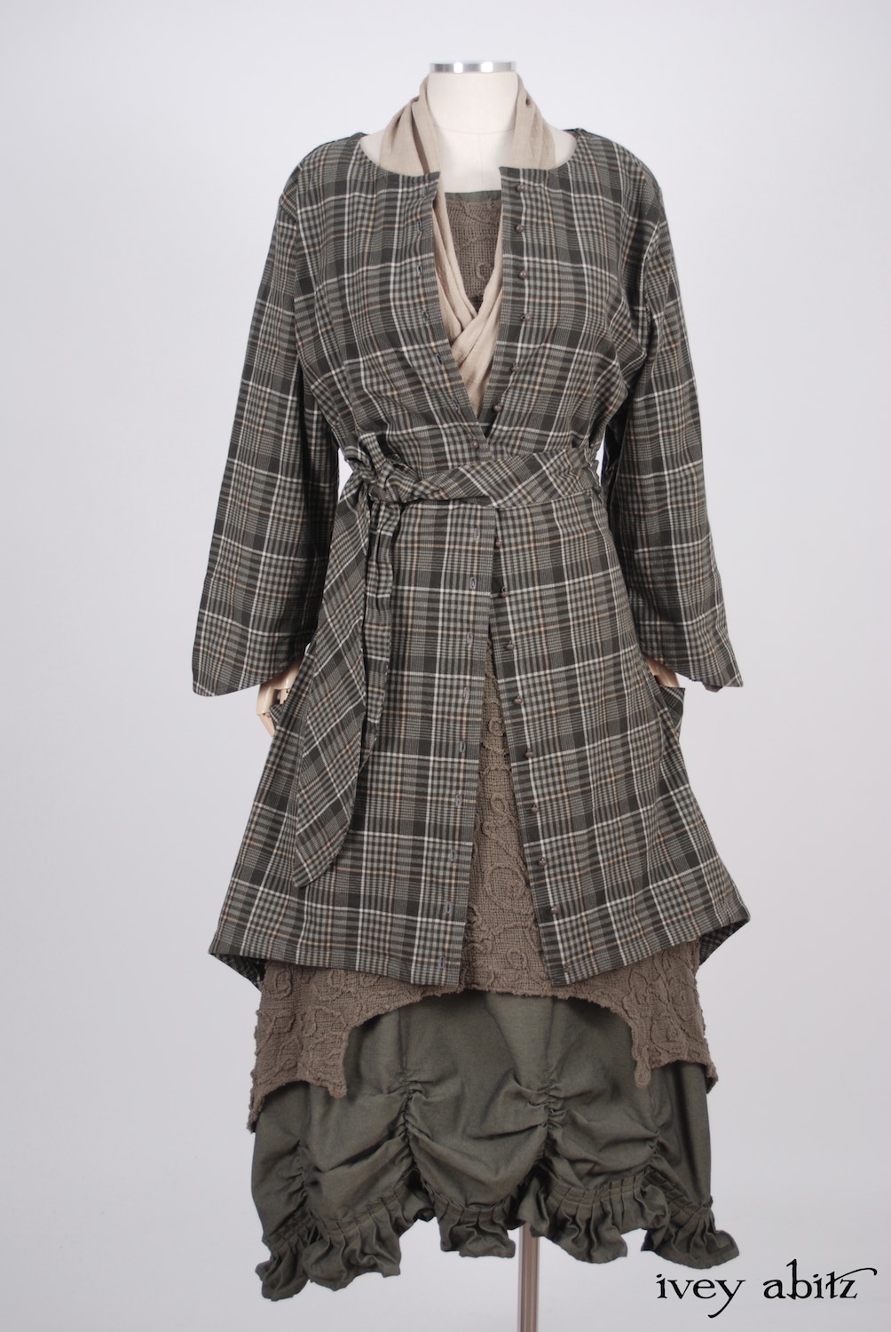 Ivey Abitz - Wildefield Duster Coat in Meadow Stretchy Plaid Cotton, High Water Length - Chittister Dress in Meadow Embroidered Swirl Gauze - Blanchefleur Sash in Blushed Plaid Voile - Edenshire Frock in Morning Meadow Yarn Dyed Cotton, Low Water Length