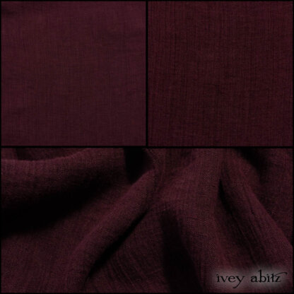 Description: We hear from our clients all the time how much they love their Ivey Abitz garments in crinkled weaves. Why? Because they are perfect for everyday life, no matter the climate. They look great, even after wearing them all day. Garments in our crinkled weaves are great travelers because the weave it meant to have creases. The more, the better. Introducing our new deep burgundy red. It is muted, deep, rich, and wonderful in hue. The colour varies as the light plays with the hills and valleys in the crinkled weave. As with all of our crinkled weaves, it has a bit of give to it. We still recommending order your normal Ivey Abitz size, and just know you will have a more relaxed drape in your garments created in our crinkled weaves. Content: Mix of linen and cotton, woven in Europe. All season weave. Care: Simply hand wash or put through machine delicate cycle in cold water with a plant based detergent. We suggest using a natural fabric softener to maintain the softness we have washed into it. Tumble dry on extra-low heat with our artisan wool dryer balls (just a few minutes is needed) to keep the relaxed effect that is featured in the Look Book. You can easily change the drape and fit by spritzing the weave with water and reshaping the silk chiffon. It is very forgiving and wonderful.