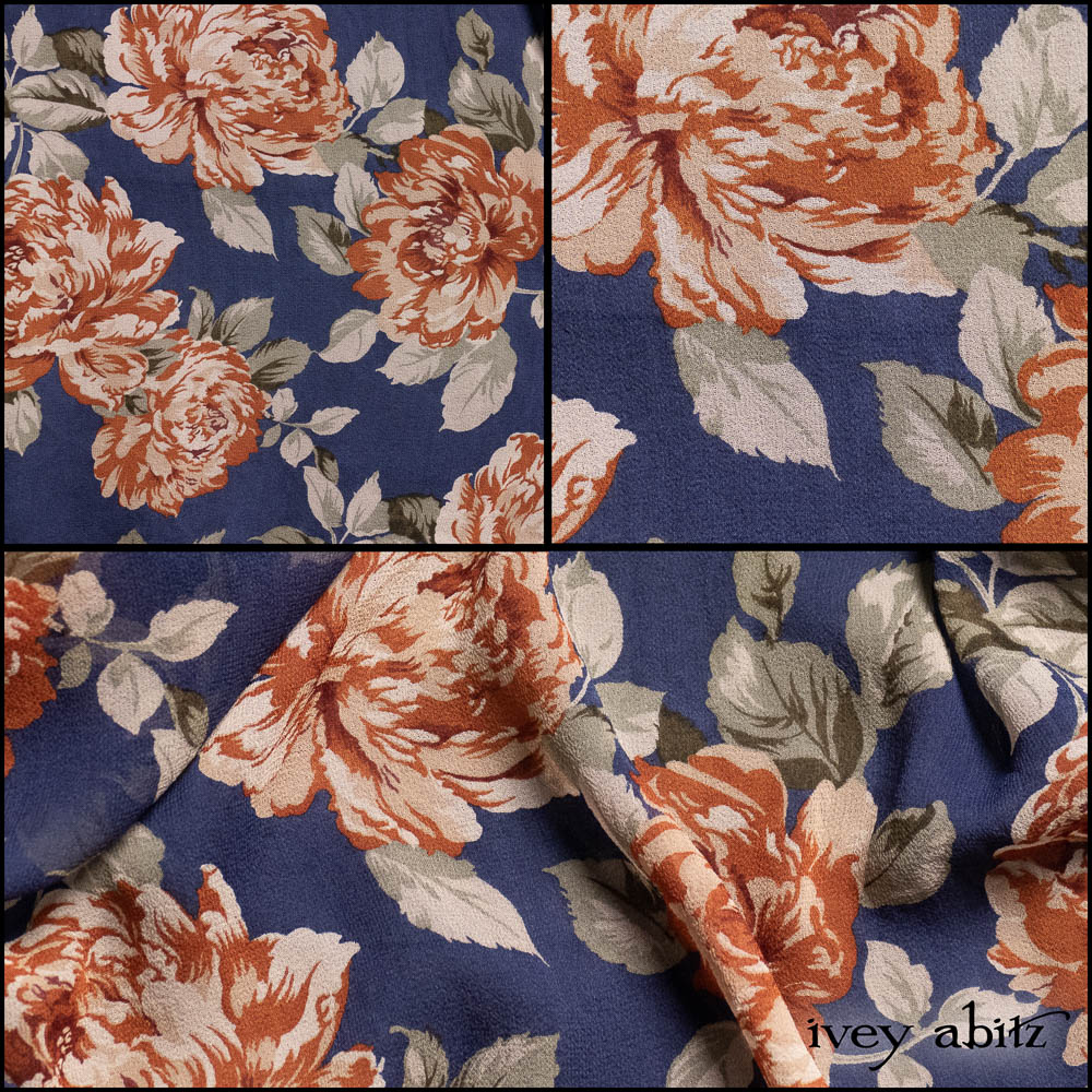 Blue and Copper Floral Silk Chiffon