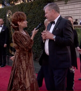 Carolyn Hennesy wears Ivey Abitz on the Emmys red carpet whilst interviewing host of Crime Watch Daily, Chris Hansen