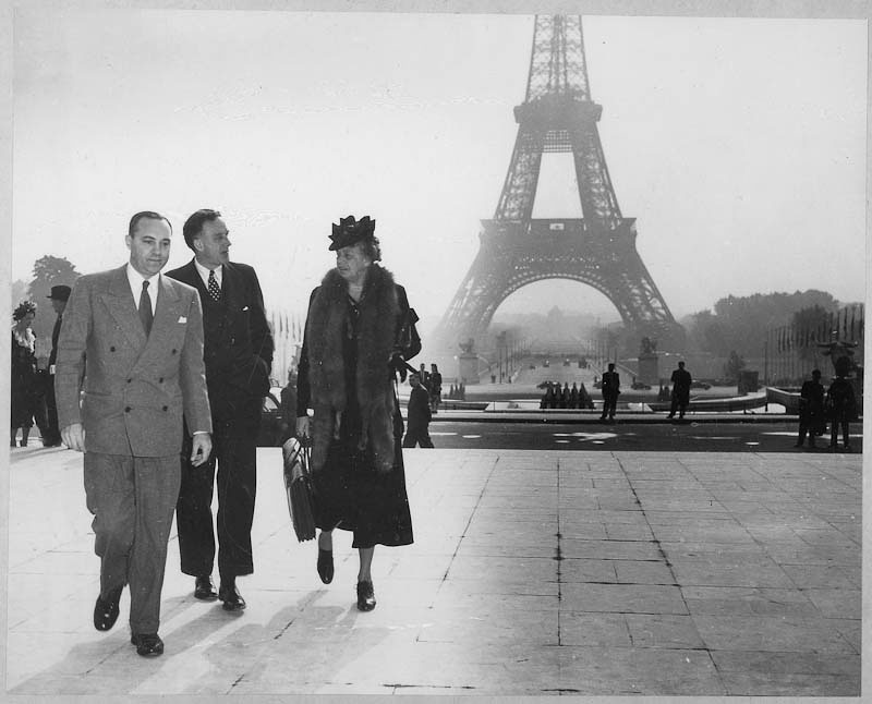 Eleanor Roosevelt, Ernest Gross (left) and P.C. Jessup arriving at the Palais de Chaillot in Paris for the Second Plenary meeting, United Nations General Assembly, 3rd Session. Photograph courtesy FDR Library.