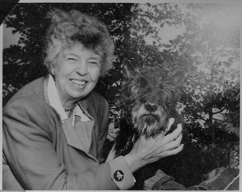 Eleanor and Fala at Val-Kill Cottage, Hyde Park, New York. Circa 1951. Photograph courtesy FDR Library.