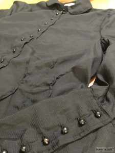 Holkham Hall Shirt in blackbird striped silk voile. Antique wooden composition buttons, circa early 1900’s by Ivey Abitz