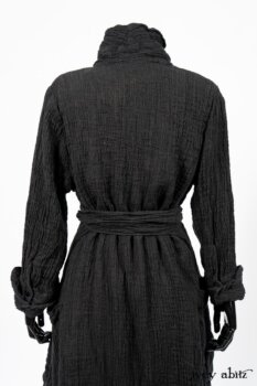Scattergood Duster Coat in Black Crinkled Washed Linen; Scattergood Frock in Arthurian Green Floral Washed Linen. By Ivey Abitz