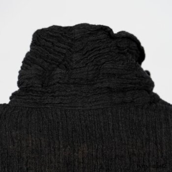 Scattergood Duster Coat in Black Crinkled Washed Linen; Scattergood Frock in Arthurian Green Floral Washed Linen. By Ivey Abitz
