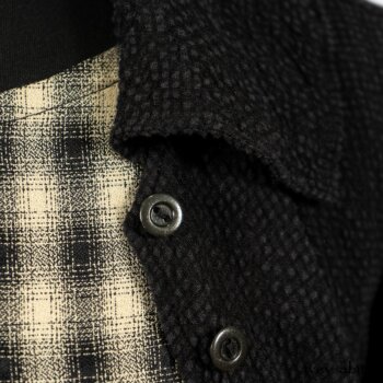 Elsie Duster Coat in Black Puckered Check Weave; Blanchefleur Frock in Black and Natural Plaid Weave; Porte Cochere Sash in Black and Natural Embroidered Floral Weave. By Ivey Abitz