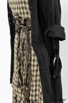 Elsie Duster Coat in Black Puckered Check Weave; Blanchefleur Frock in Black and Natural Plaid Weave; Porte Cochere Sash in Black and Natural Embroidered Floral Weave. By Ivey Abitz