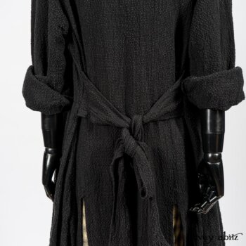 Elsie Duster Coat in Black Puckered Check Weave; Blanchefleur Frock in Black and Natural Plaid Weave; Porte Cochere Sash in Black and Natural Embroidered Floral Weave. By Ivey Abitz