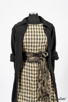 Elsie Duster Coat in Black Puckered Check Weave; Blanchefleur Frock in Black and Natural Plaid Weave; Porte Cochere Sash in Black and Natural Embroidered Floral Weave. By Ivey Abitz