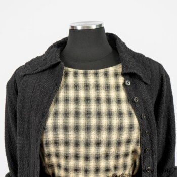 Elsie Duster Coat in Black Puckered Check Weave; Blanchefleur Frock in Black and Natural Plaid Weave; Porte Cochere Sash in Black and Natural Embroidered Floral Weave. By Ivey Abitz