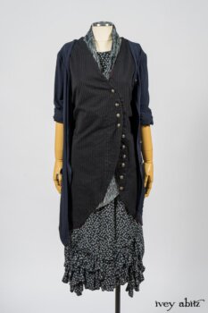 Limited Edition Arthur Hill Frock in Royal Pinstripe Twill; Cavendish Cardigan in Fresh Water Melange Knit; Limited Edition Fairholme Sash in Lakeland and White Crinkled Weave; Fennefleur Frock in Lakeland Flutter Weave. By Ivey Abitz