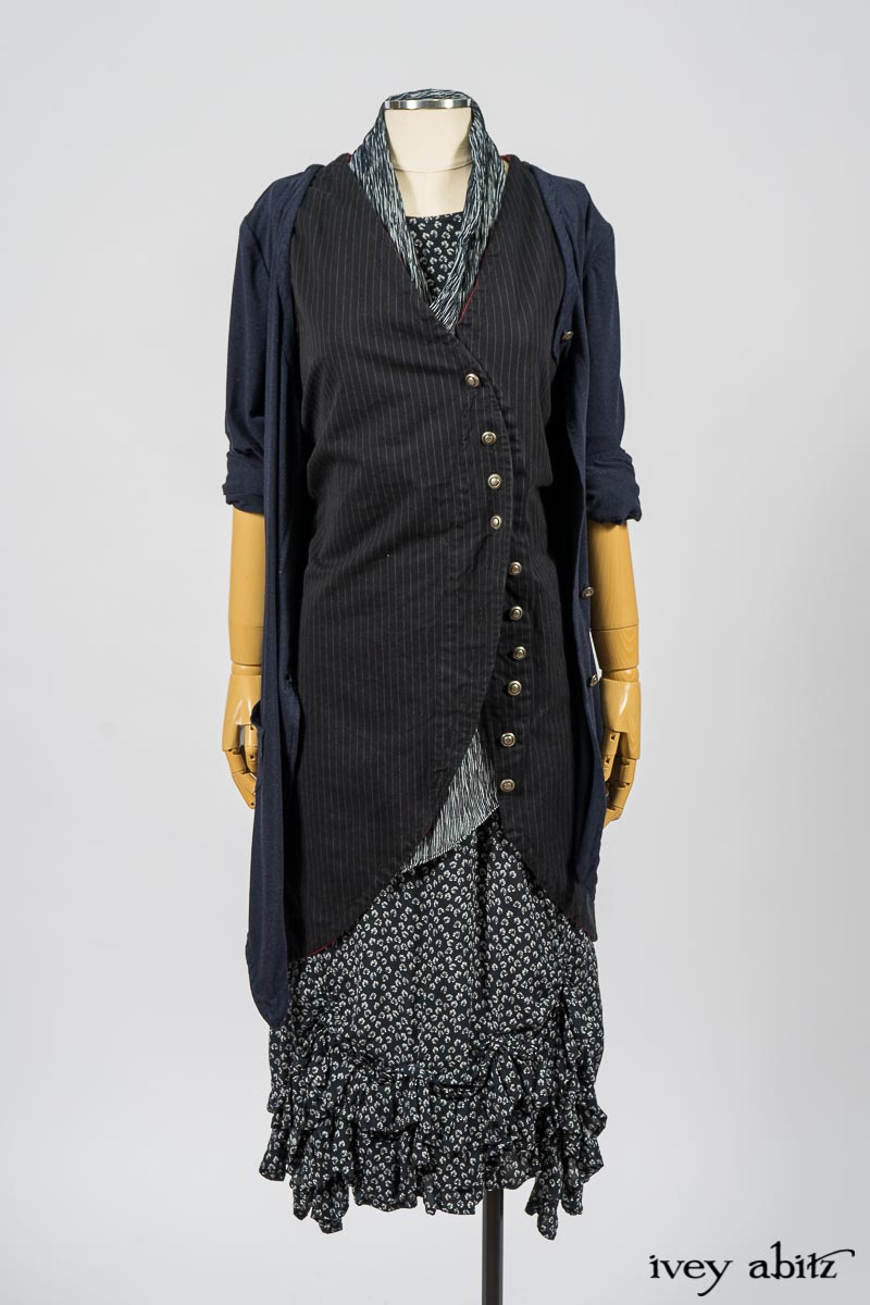 Limited Edition Arthur Hill Frock in Royal Pinstripe Twill; Cavendish Cardigan in Fresh Water Melange Knit; Limited Edition Clotaire Sash in Lakeland and White Crinkled Weave; Fennefleur Frock in Lakeland Flutter Weave. By Ivey Abitz