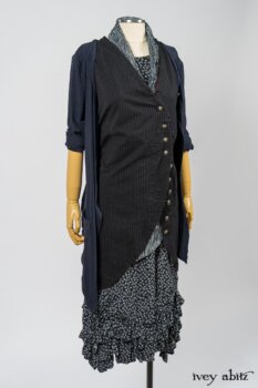 Limited Edition Arthur Hill Frock in Royal Pinstripe Twill; Cavendish Cardigan in Fresh Water Melange Knit; Limited Edition Fairholme Sash in Lakeland and White Crinkled Weave; Fennefleur Frock in Lakeland Flutter Weave. By Ivey Abitz