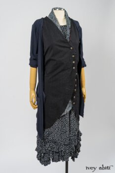 Limited Edition Arthur Hill Frock in Royal Pinstripe Twill; Cavendish Cardigan in Fresh Water Melange Knit; Limited Edition Fairholme Sash in Lakeland and White Crinkled Weave; Fennefleur Frock in Lakeland Flutter Weave. By Ivey Abitz