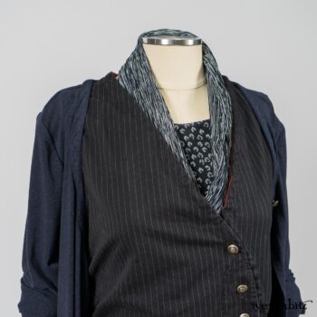 Limited Edition Arthur Hill Frock in Royal Pinstripe Twill; Cavendish Cardigan in Fresh Water Melange Knit; Limited Edition Fairholme Sash in Lakeland and White Crinkled Weave; Fennefleur Frock in Lakeland Flutter Weave. By Ivey Abitz