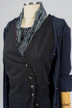 Limited Edition Arthur Hill Frock in Royal Pinstripe Twill; Cavendish Cardigan in Fresh Water Melange Knit; Limited Edition Fairholme Sash in Lakeland and White Crinkled Weave; Fennefleur Frock in Lakeland Flutter Weave. By Ivey Abitz
