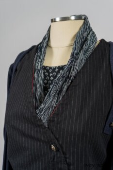 Limited Edition Arthur Hill Frock in Royal Pinstripe Twill; Cavendish Cardigan in Fresh Water Melange Knit; Limited Edition Fairholme Sash in Lakeland and White Crinkled Weave; Fennefleur Frock in Lakeland Flutter Weave. By Ivey Abitz