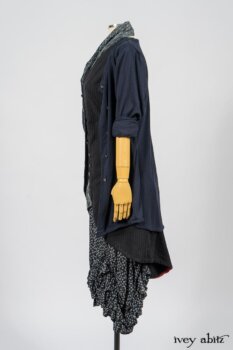 Limited Edition Arthur Hill Frock in Royal Pinstripe Twill; Cavendish Cardigan in Fresh Water Melange Knit; Limited Edition Fairholme Sash in Lakeland and White Crinkled Weave; Fennefleur Frock in Lakeland Flutter Weave. By Ivey Abitz