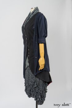 Limited Edition Arthur Hill Frock in Royal Pinstripe Twill; Cavendish Cardigan in Fresh Water Melange Knit; Limited Edition Fairholme Sash in Lakeland and White Crinkled Weave; Fennefleur Frock in Lakeland Flutter Weave. By Ivey Abitz