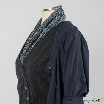 Limited Edition Arthur Hill Frock in Royal Pinstripe Twill; Cavendish Cardigan in Fresh Water Melange Knit; Limited Edition Fairholme Sash in Lakeland and White Crinkled Weave; Fennefleur Frock in Lakeland Flutter Weave. By Ivey Abitz
