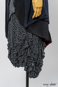Limited Edition Arthur Hill Frock in Royal Pinstripe Twill; Cavendish Cardigan in Fresh Water Melange Knit; Limited Edition Fairholme Sash in Lakeland and White Crinkled Weave; Fennefleur Frock in Lakeland Flutter Weave. By Ivey Abitz