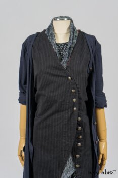 Limited Edition Arthur Hill Frock in Royal Pinstripe Twill; Cavendish Cardigan in Fresh Water Melange Knit; Limited Edition Fairholme Sash in Lakeland and White Crinkled Weave; Fennefleur Frock in Lakeland Flutter Weave. By Ivey Abitz